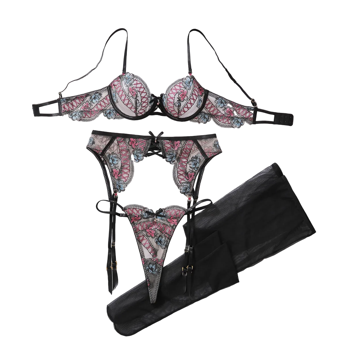 House Of Dasein Color Blocked Floral Embroidery Pure Desire Perspective Shaping Sexy Lingerie Split Set - Black Pink - M - Image 1