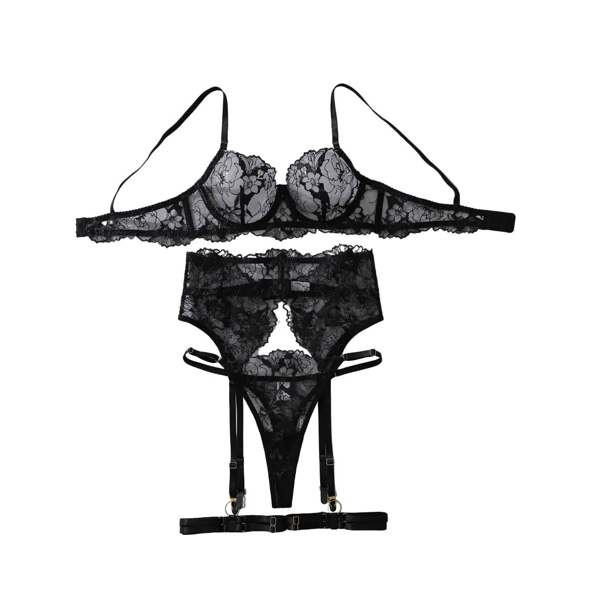 House Of Dasein Embroidered Lace Perspective Gathering Slimming And Shaping Sexy Lingerie Set With Steel Ring - Black - S - Image 1