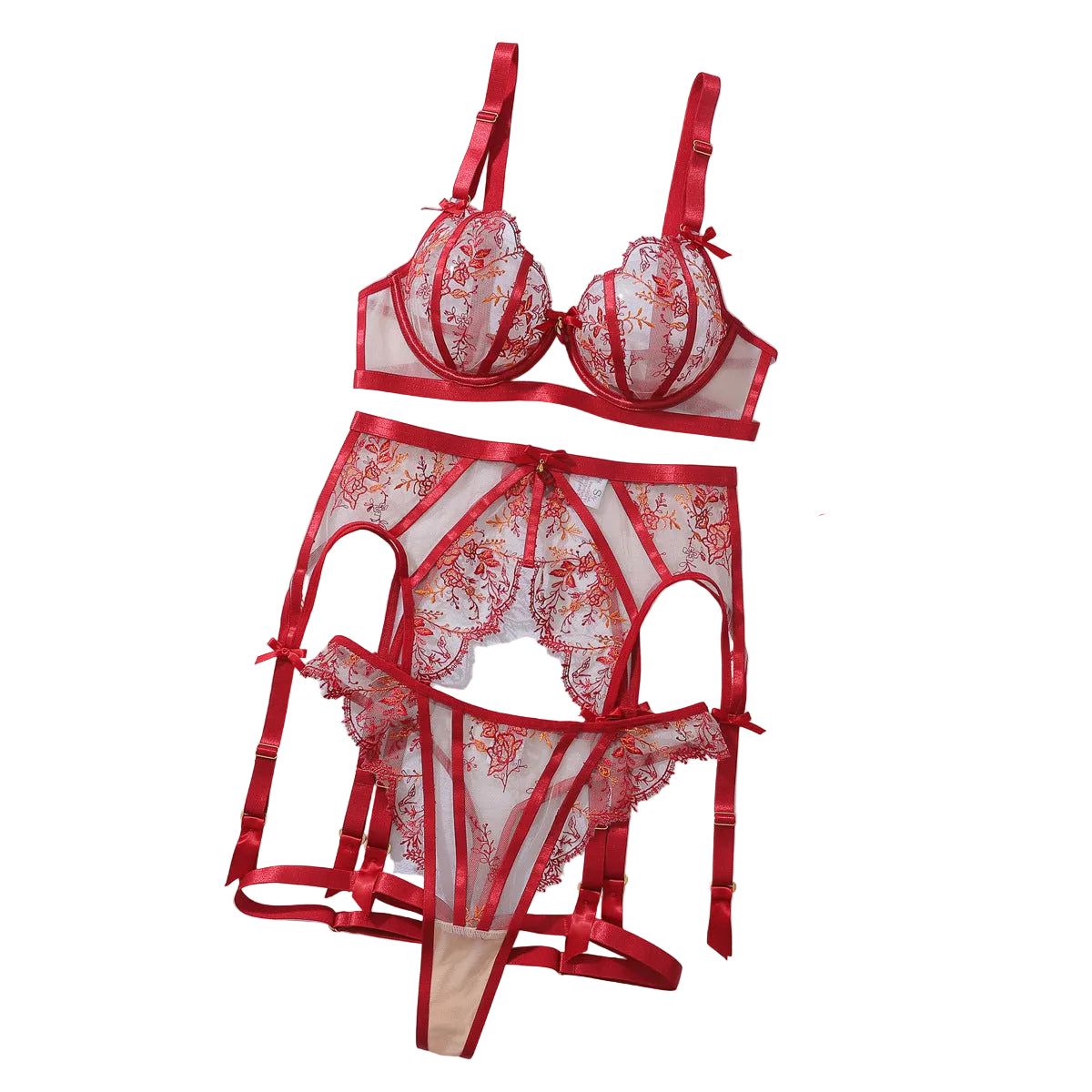 House Of Dasein Embroidered Thin Steel Holder Gathers New Floral Sexy Mesh Lingerie Set - Wine Red - S - Image 1