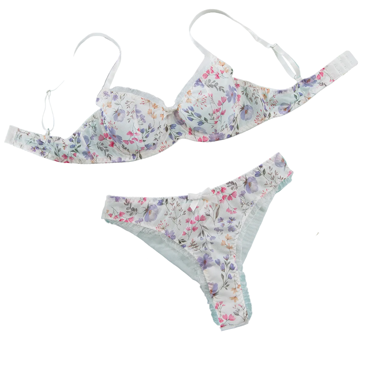 House Of Dasein Sexy Mesh Heart Print Bra Set Ultra Thin Comfortable Tempting Lingerie Two Piece - White Flower - Xl - Image 1