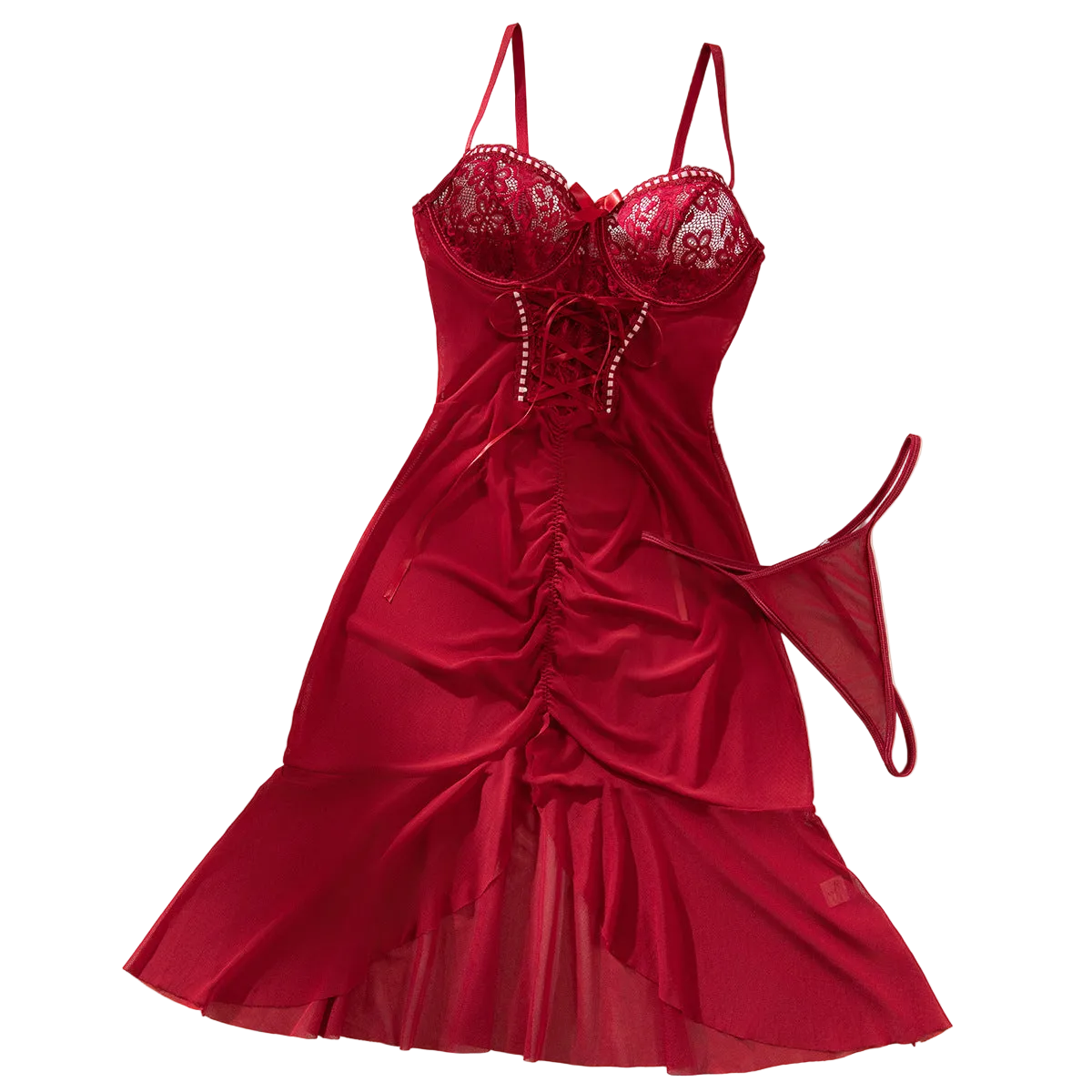 House Of Dasein Cross Border Sexy Lace Transparent Temptation Ultra Thin Mesh Dress And Thong Set - Wine Red - L - Image 1