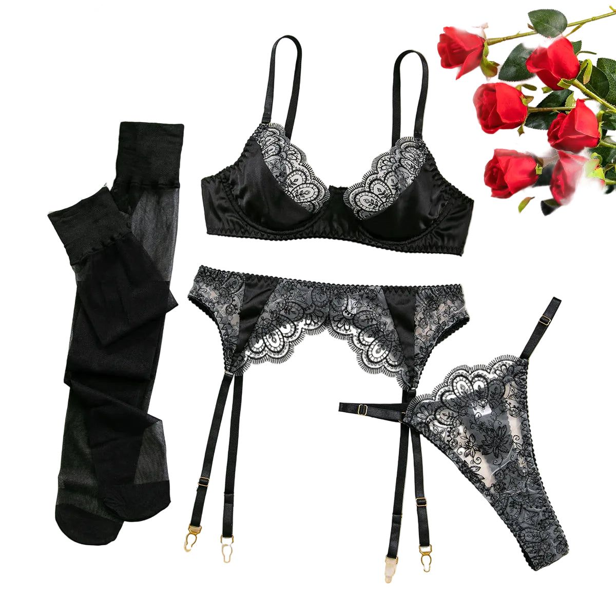 House Of Dasein Heavy Embroidery Sexy Hollow Out Transparent Splicing Lingerie Set With Stockings For Women - Black - L - Image 1