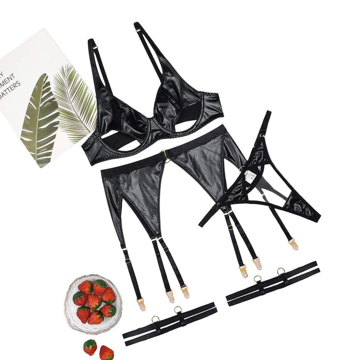 House Of Dasein Hollow Out Backless Transparent Sexy Lingerie Garter Belt Four Piece Set - Black - L - Image 1