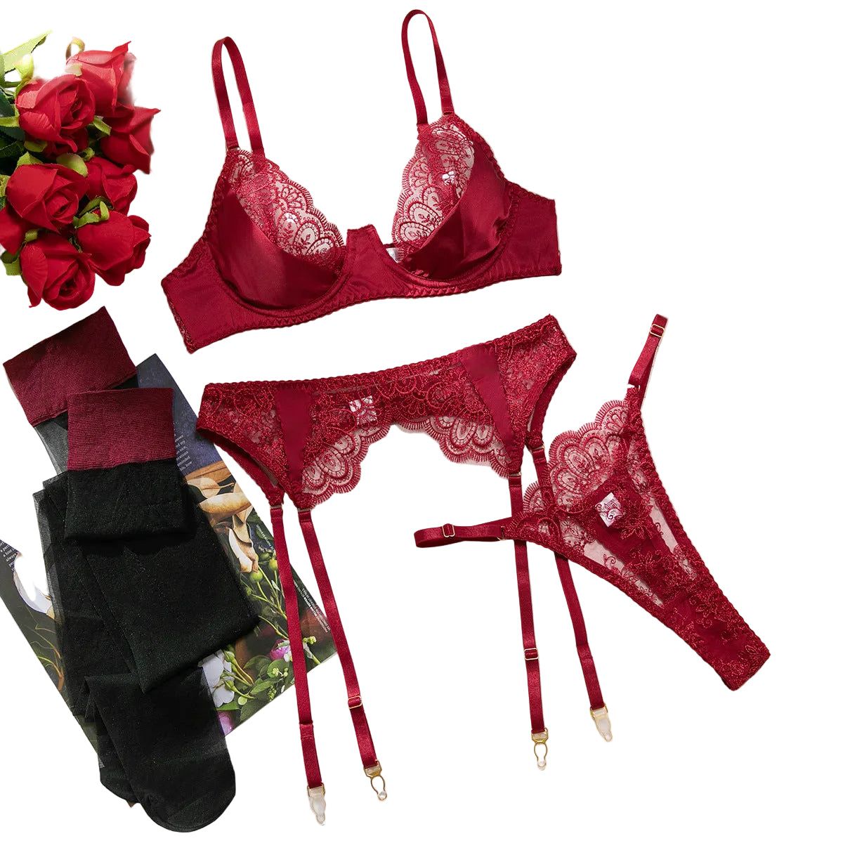 House Of Dasein Heavy Embroidery Sexy Hollow Out Transparent Splicing Lingerie Set With Stockings For Women - Wine Red - S - Image 1