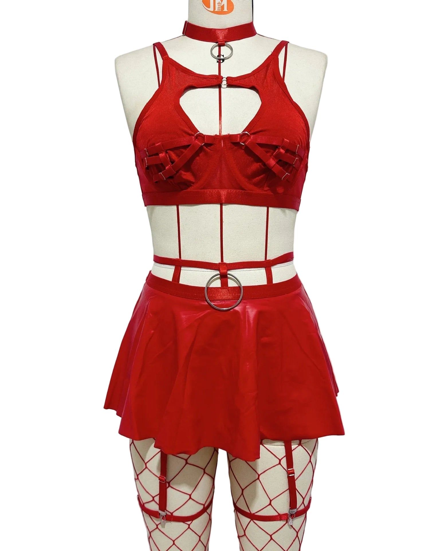 House Of Dasein Lace Sexy Lingerie Set Bra Solid Color Leather Skirt With Fishnet Stockings Women's - Red - S - Image 1