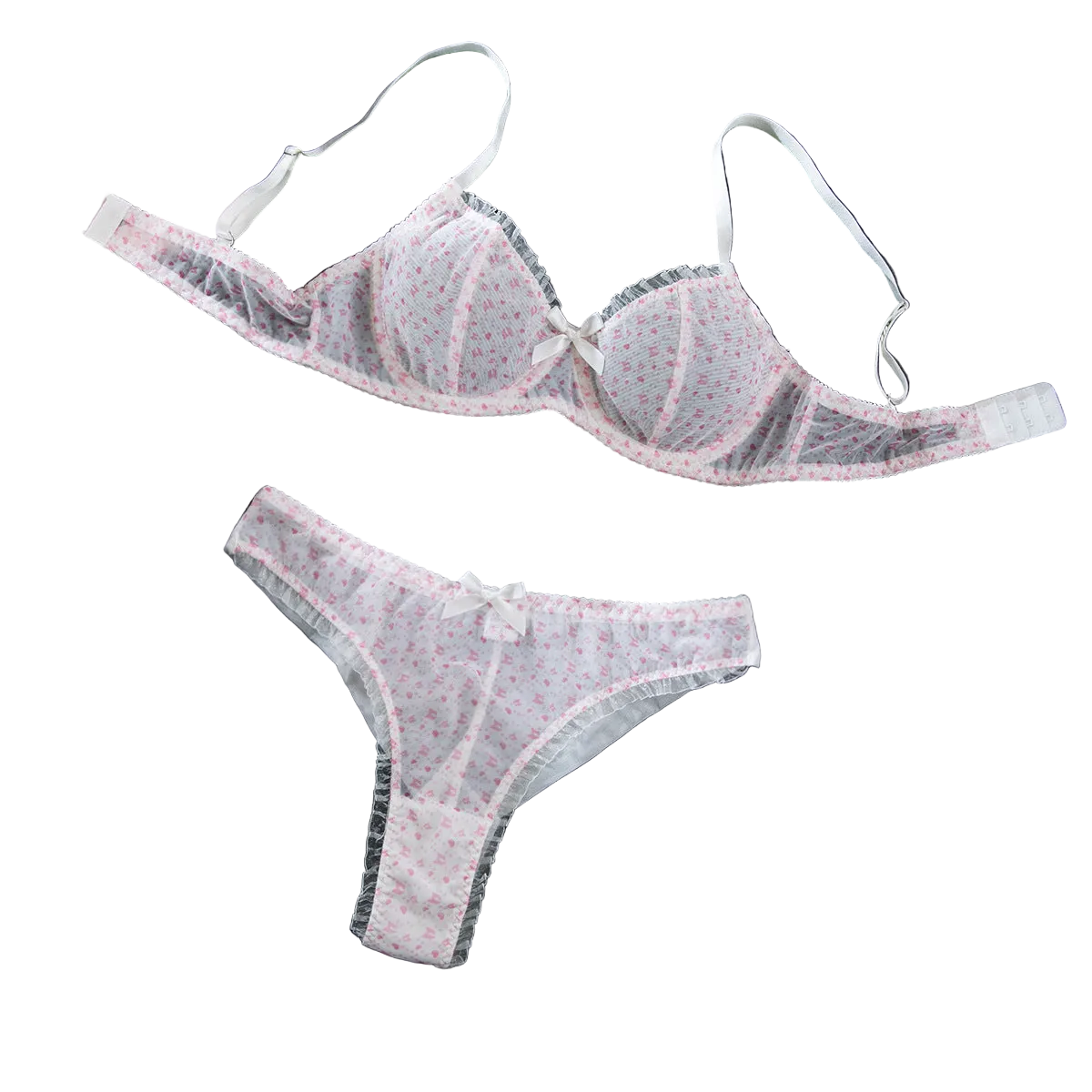 House Of Dasein Sexy Mesh Heart Print Bra Set Ultra Thin Comfortable Tempting Lingerie Two Piece - Crushed Flower - Xl - Image 1