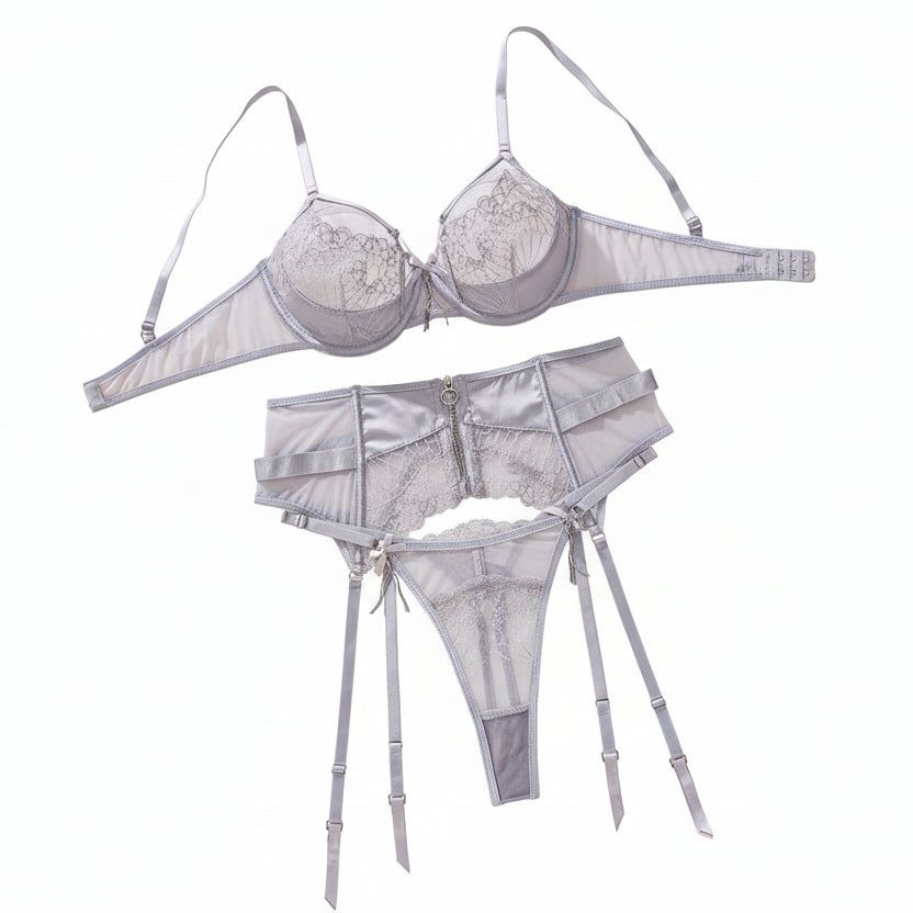 House Of Dasein Perspective Embroidered Mesh Splicing Sexy Underwear 3-Piece Set - Silver - S - Image 1