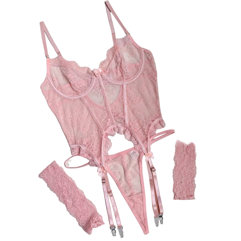 House Of Dasein Lace Trimmed Cute And Sexy Spliced Sheer Fitted Bra Lingerie Set - Pink - L - Image 1