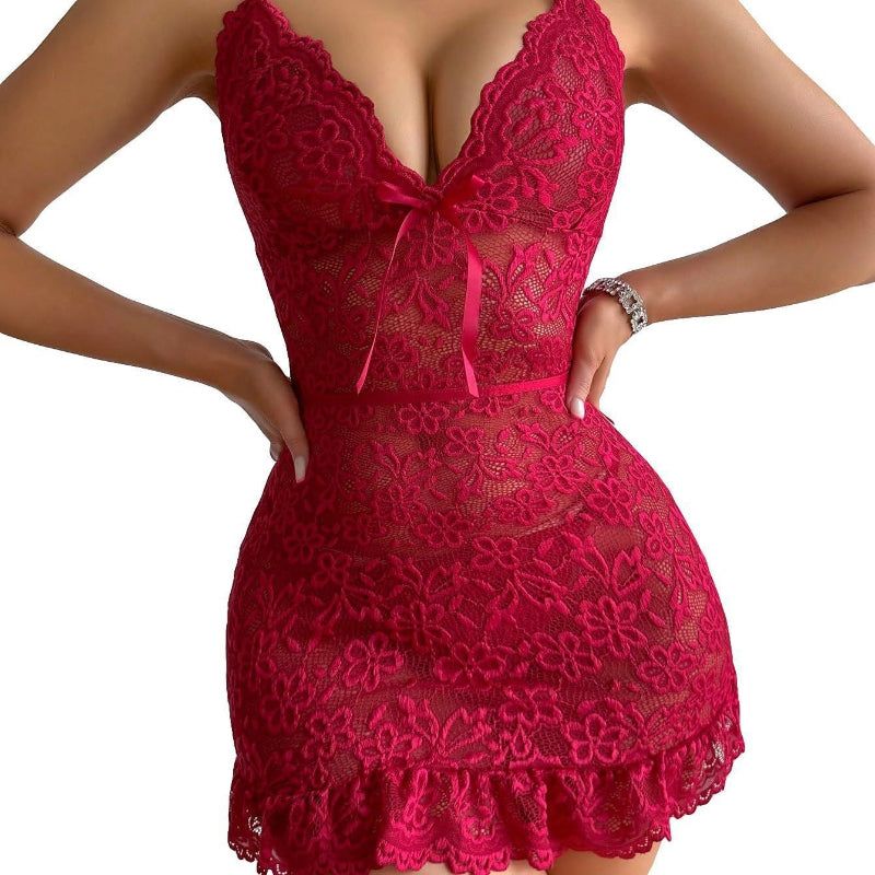 House Of Dasein Sexy Mesh Printed Transparent Lace Strap Nightgown Set For Women's Underwear - Wine Red - S - Image 1