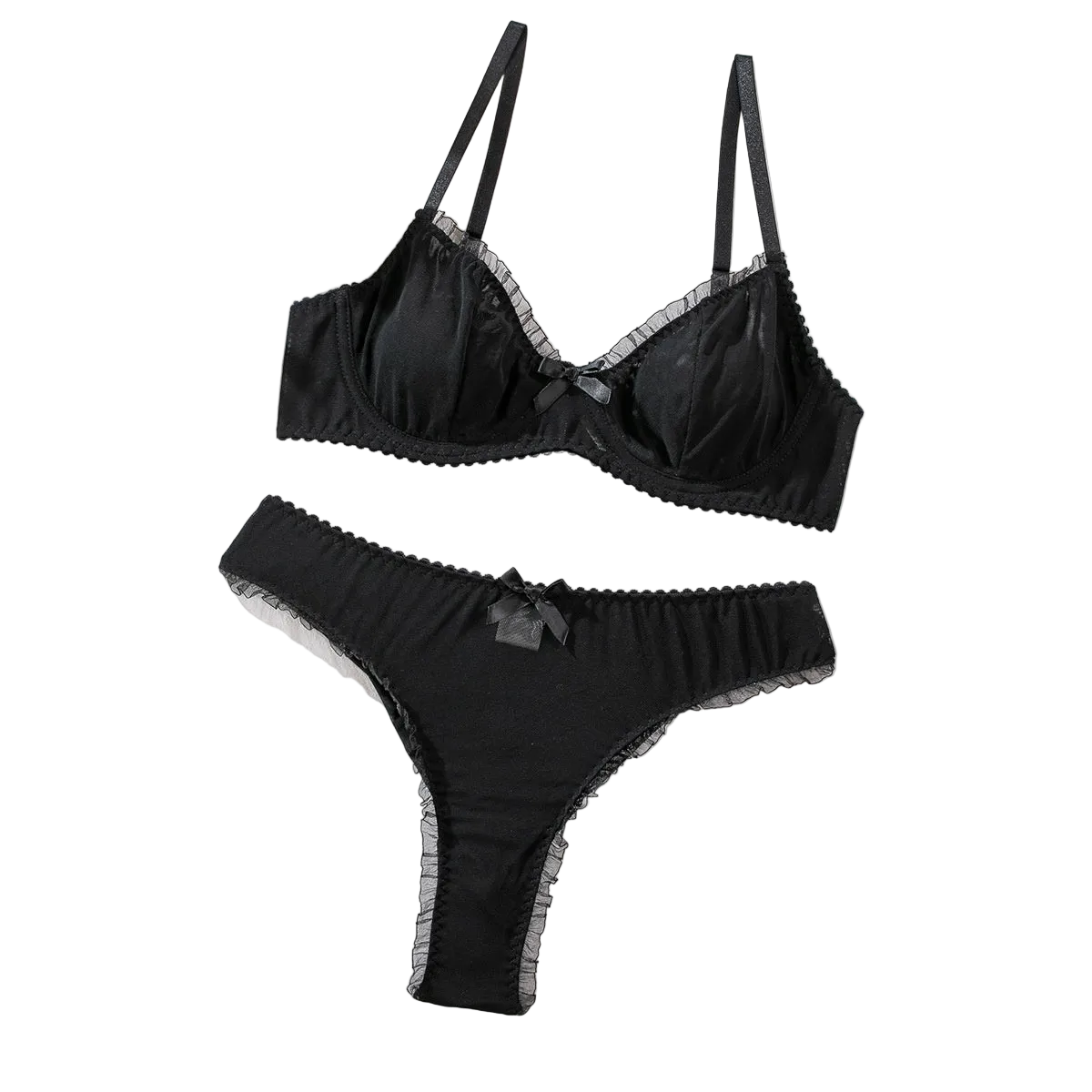 House Of Dasein Sexy Mesh Heart Print Bra Set Ultra Thin Comfortable Tempting Lingerie Two Piece - Black - L - Image 1