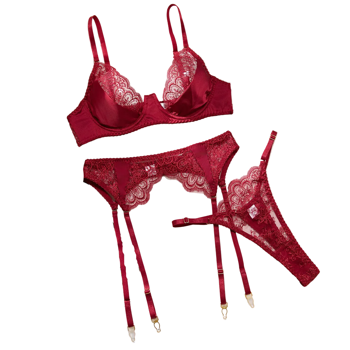 House Of Dasein Sexy Embroidered Lace Bra Underwear Hollow Out Three Piece Backless Women's Lingerie With Silk Stockings - Wine Red - M - Image 1