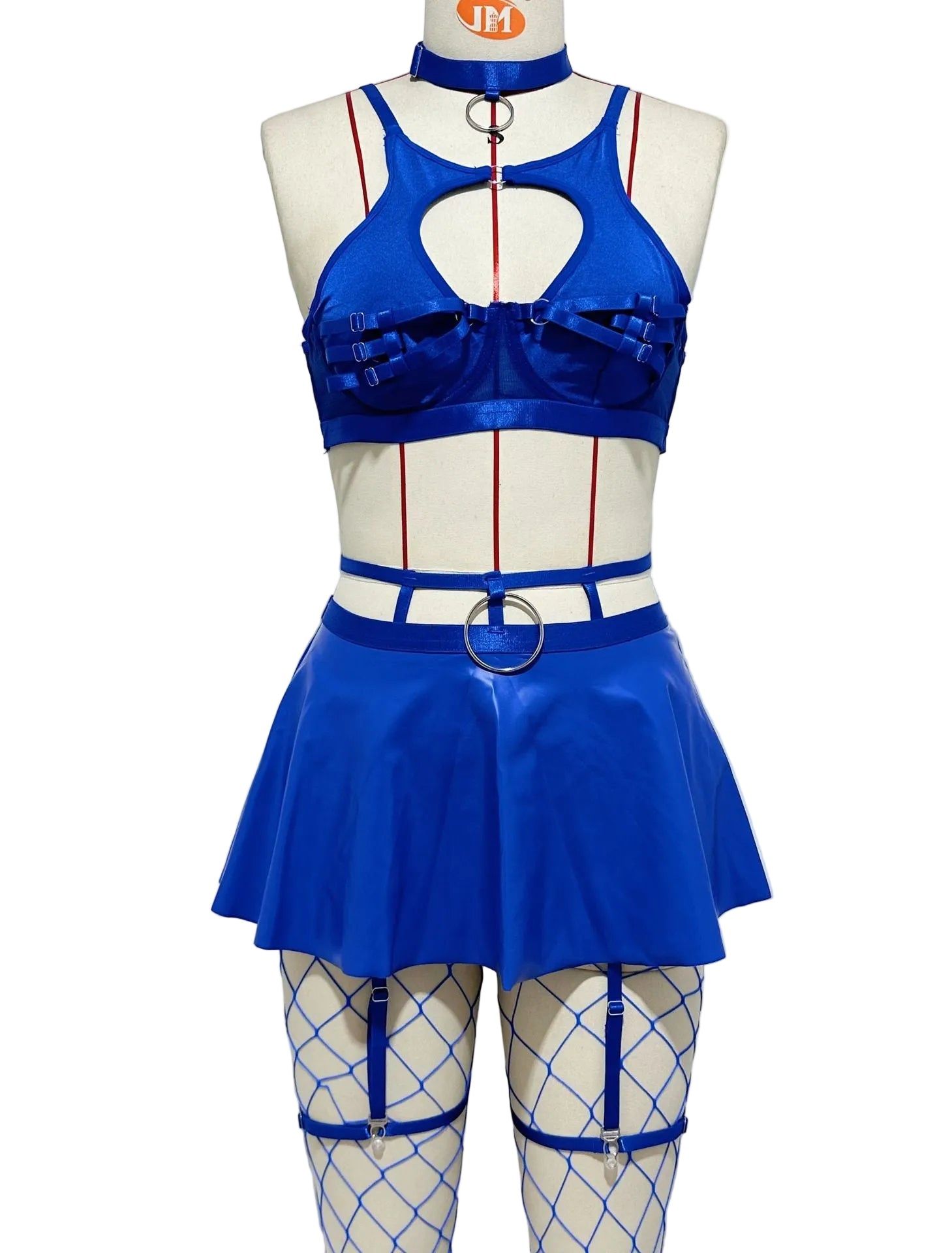 House Of Dasein Lace Sexy Lingerie Set Bra Solid Color Leather Skirt With Fishnet Stockings Women's - Blue - L - Image 1