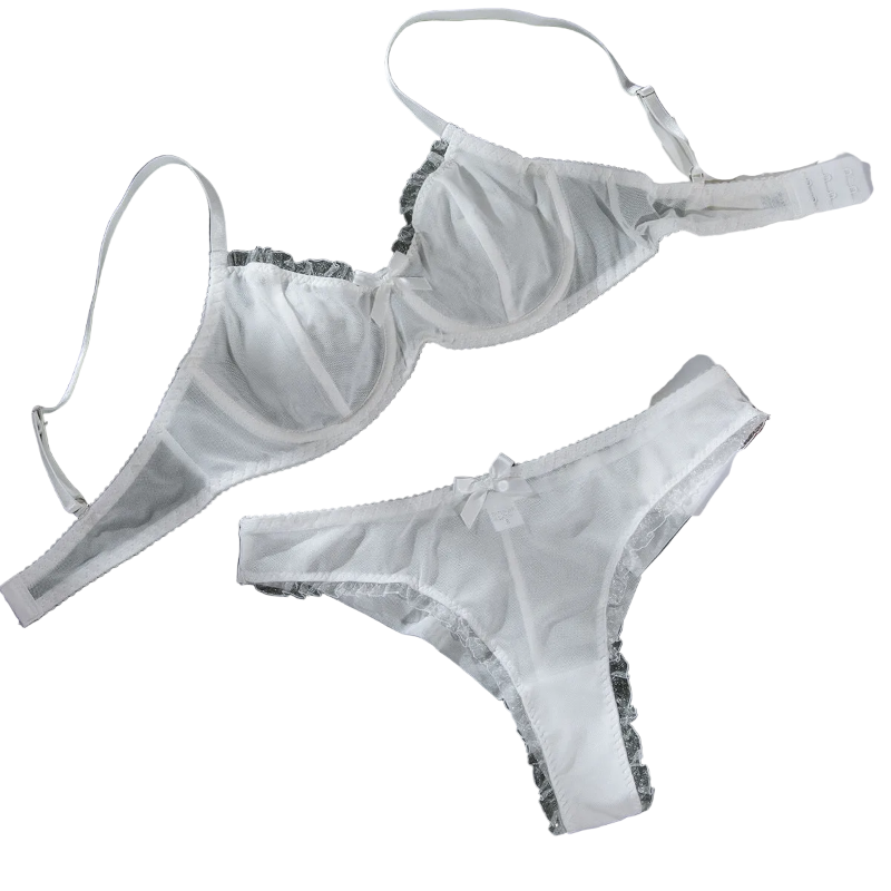 House Of Dasein Sexy Mesh Heart Print Bra Set Ultra Thin Comfortable Tempting Lingerie Two Piece - White - M - Image 1