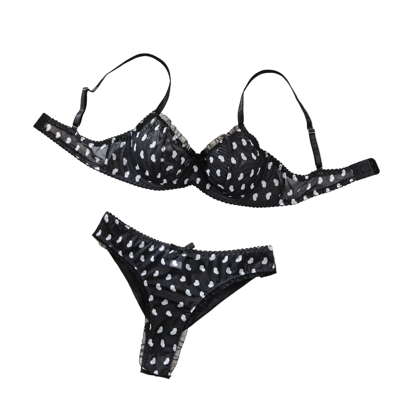 House Of Dasein Sexy Mesh Heart Print Bra Set Ultra Thin Comfortable Tempting Lingerie Two Piece - Black Heart - S - Image 1