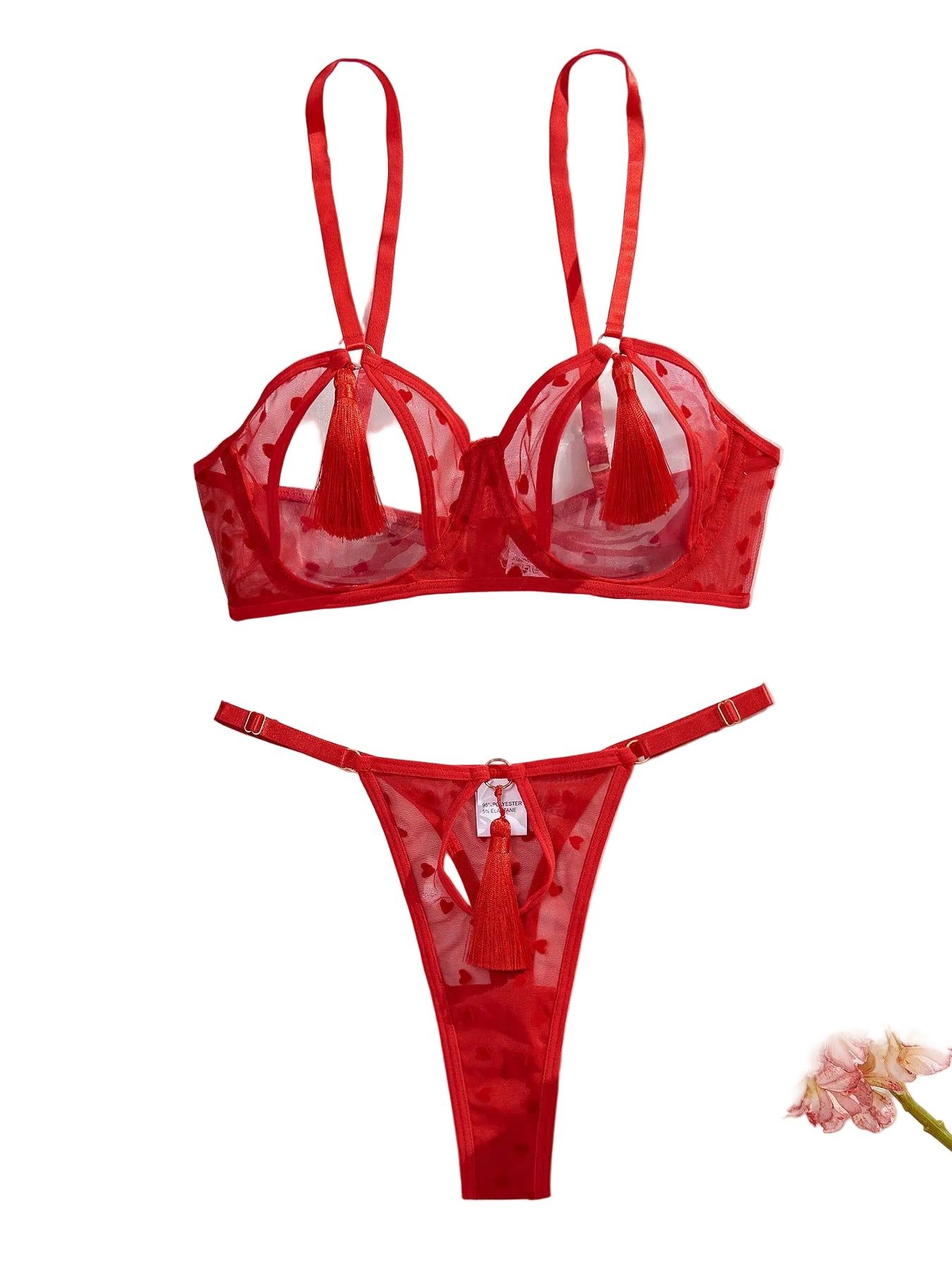 House Of Dasein Love Perspective Mesh Sexy Tassel Fun Hollow Underwear Two Piece Set For Women - Red - M - Image 1