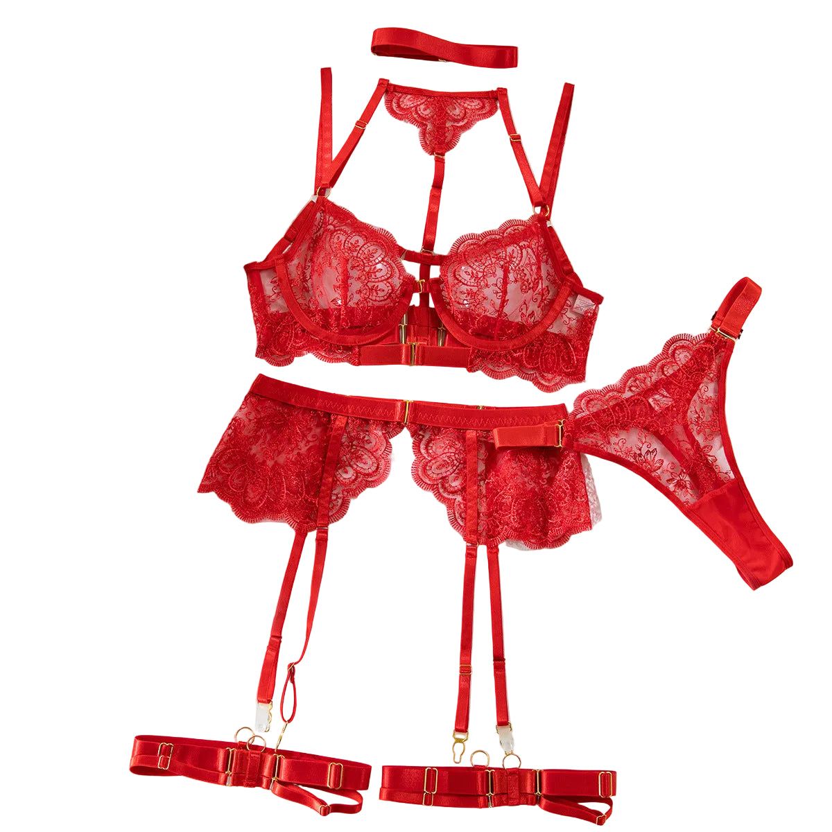 House Of Dasein Heavy Embroidery Metal Buckle Strap Sexy Lingerie Set For Women Transparent Shaping Front Button Five Piece - Red - S - Image 1