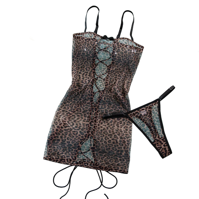 House Of Dasein Leopard Print Strapless Dress Women's Sexy Tie Hollow Temptation Slimming Erotic Lingerie Set - Leopard Print - L - Image 1