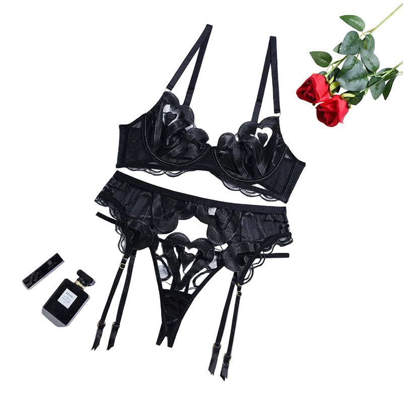 House Of Dasein Lace Mesh Embroidery Sexy Lingerie Gathering Straps Three Piece Set Shaping Body - Black - M - Image 1