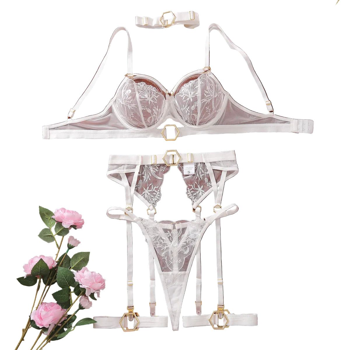 House Of Dasein Metal Buckle Embroidery Mesh Splicing Heavy Duty Erotic Lingerie Five Piece Set - White - L - Image 1