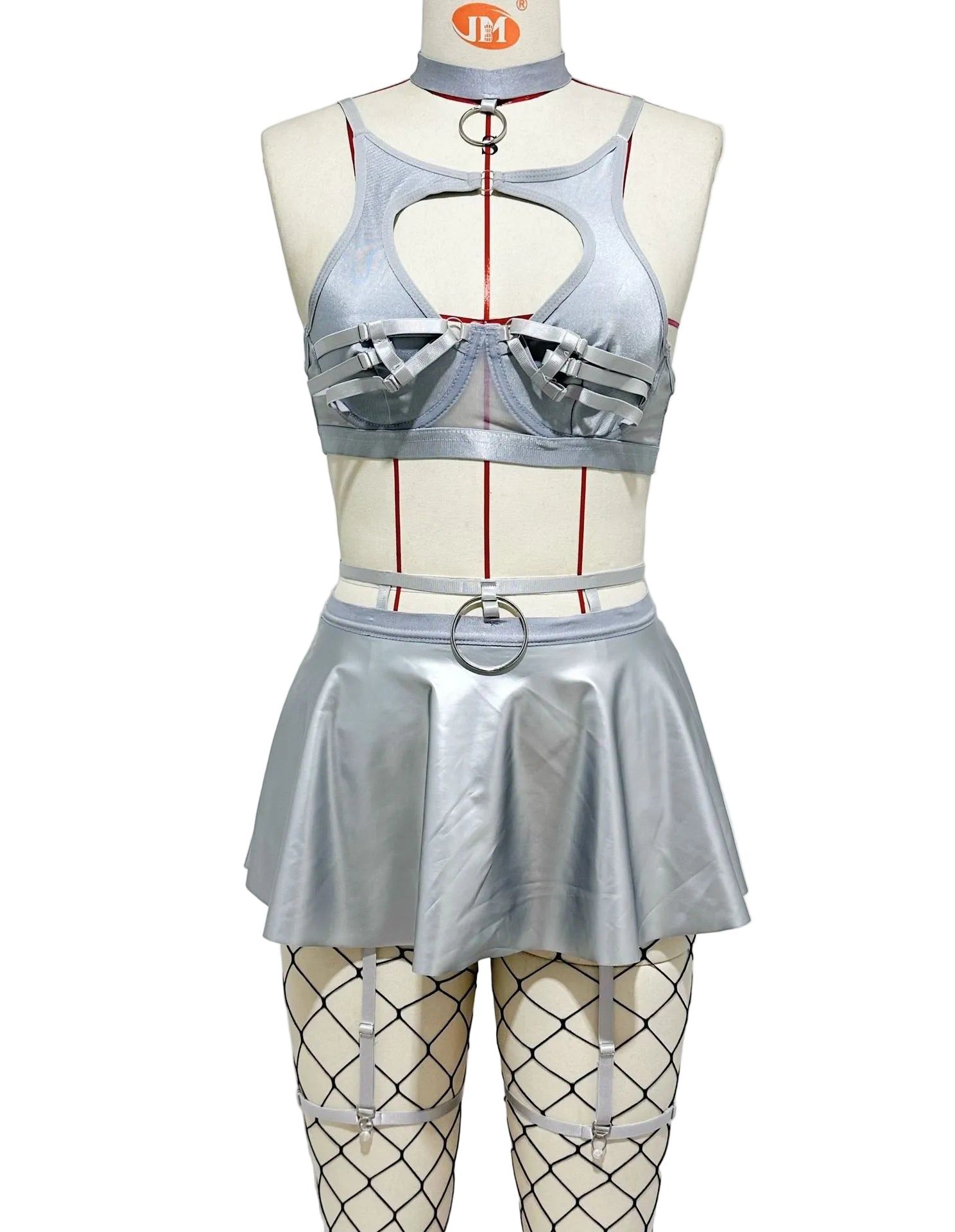 House Of Dasein Lace Sexy Lingerie Set Bra Solid Color Leather Skirt With Fishnet Stockings Women's - Silver - L - Image 1