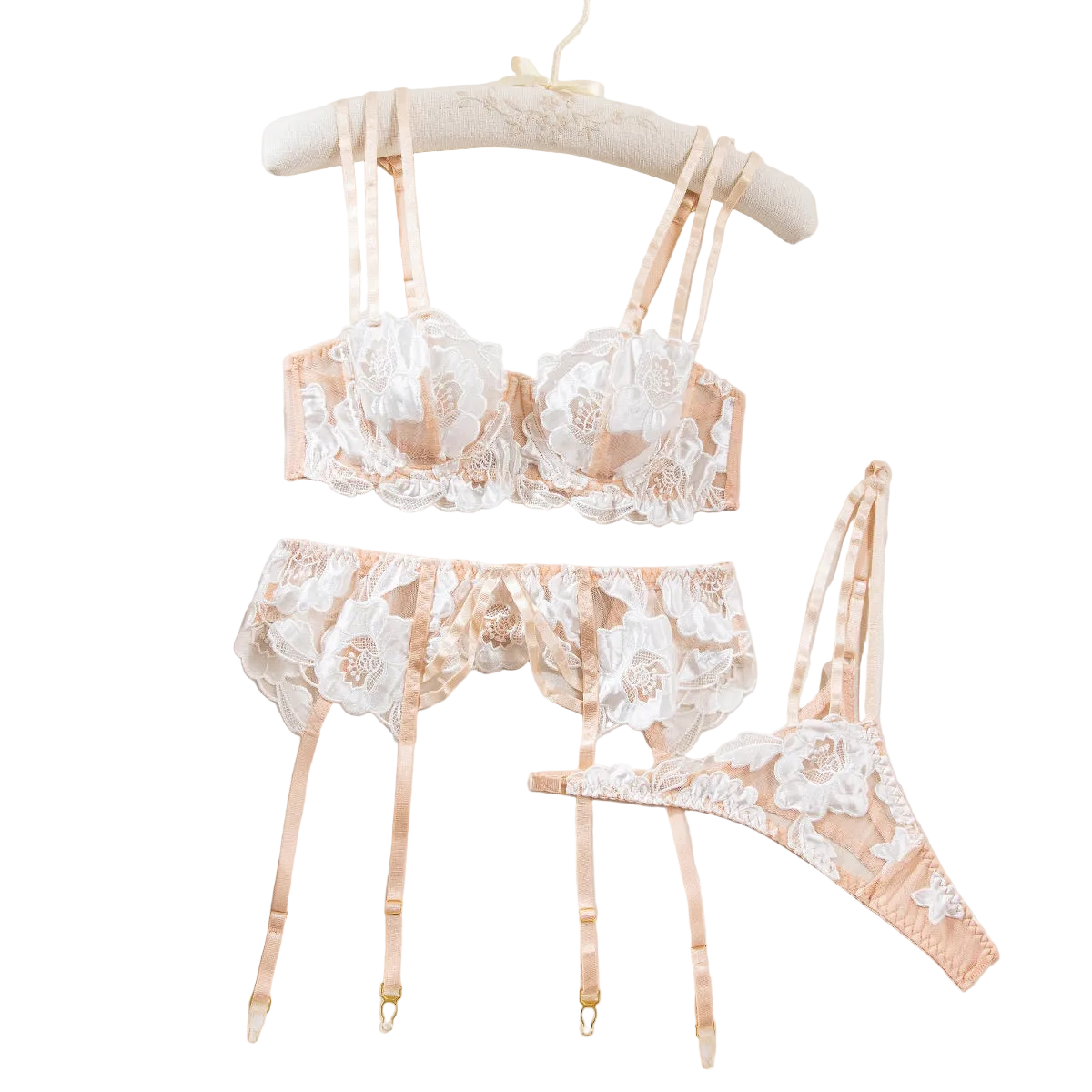 House Of Dasein Sexy Sheer Lace Embroidered Hollow-Out Shapewear Erotic Lingerie Garter Belt Three-Piece Set - White - L - Image 1