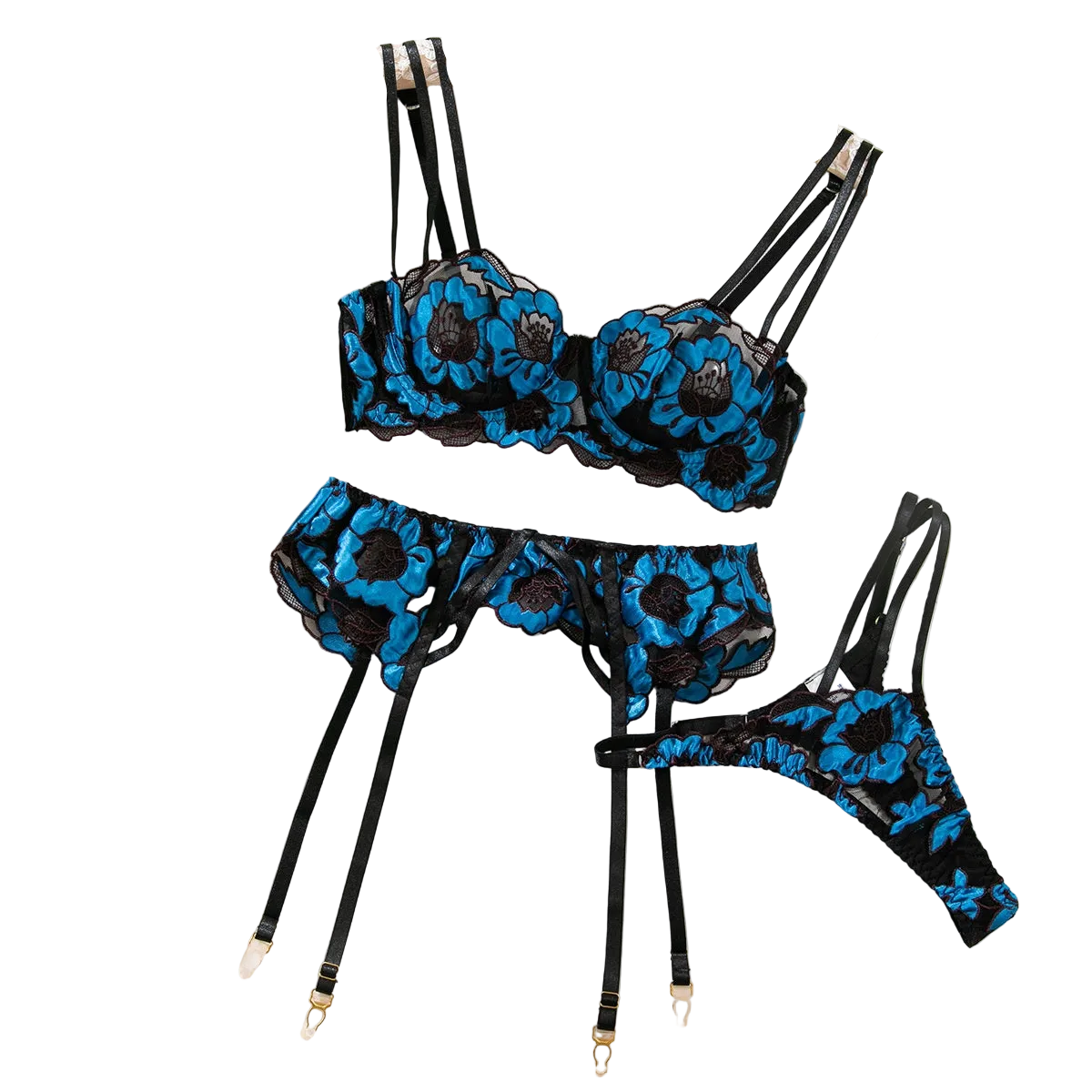 House Of Dasein Sexy Sheer Lace Embroidered Hollow-Out Shapewear Erotic Lingerie Garter Belt Three-Piece Set - Blue - S - Image 1