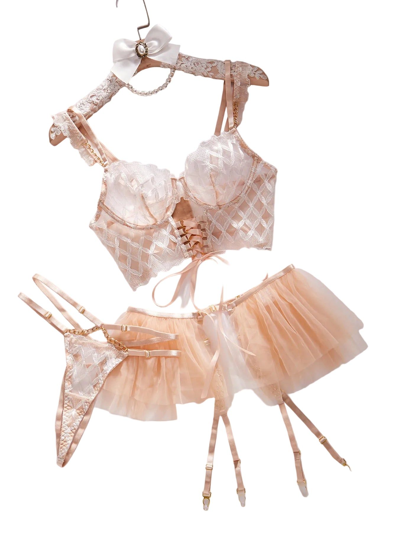 House Of Dasein Lingge Embroidery Sexy Strap Mesh Puff Skirt Underwear Set - S - Image 1