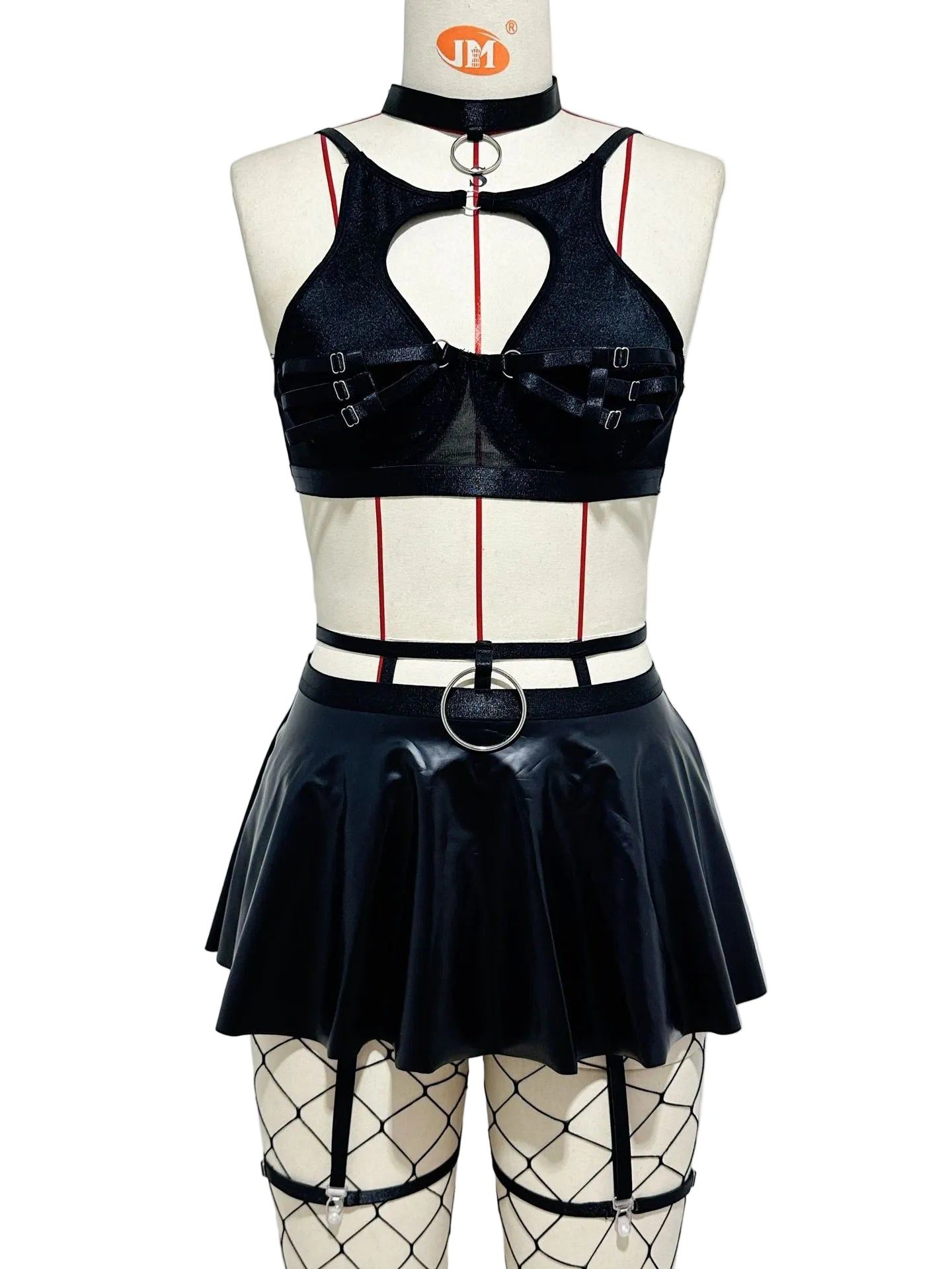 House Of Dasein Lace Sexy Lingerie Set Bra Solid Color Leather Skirt With Fishnet Stockings Women's - Black - S - Image 1