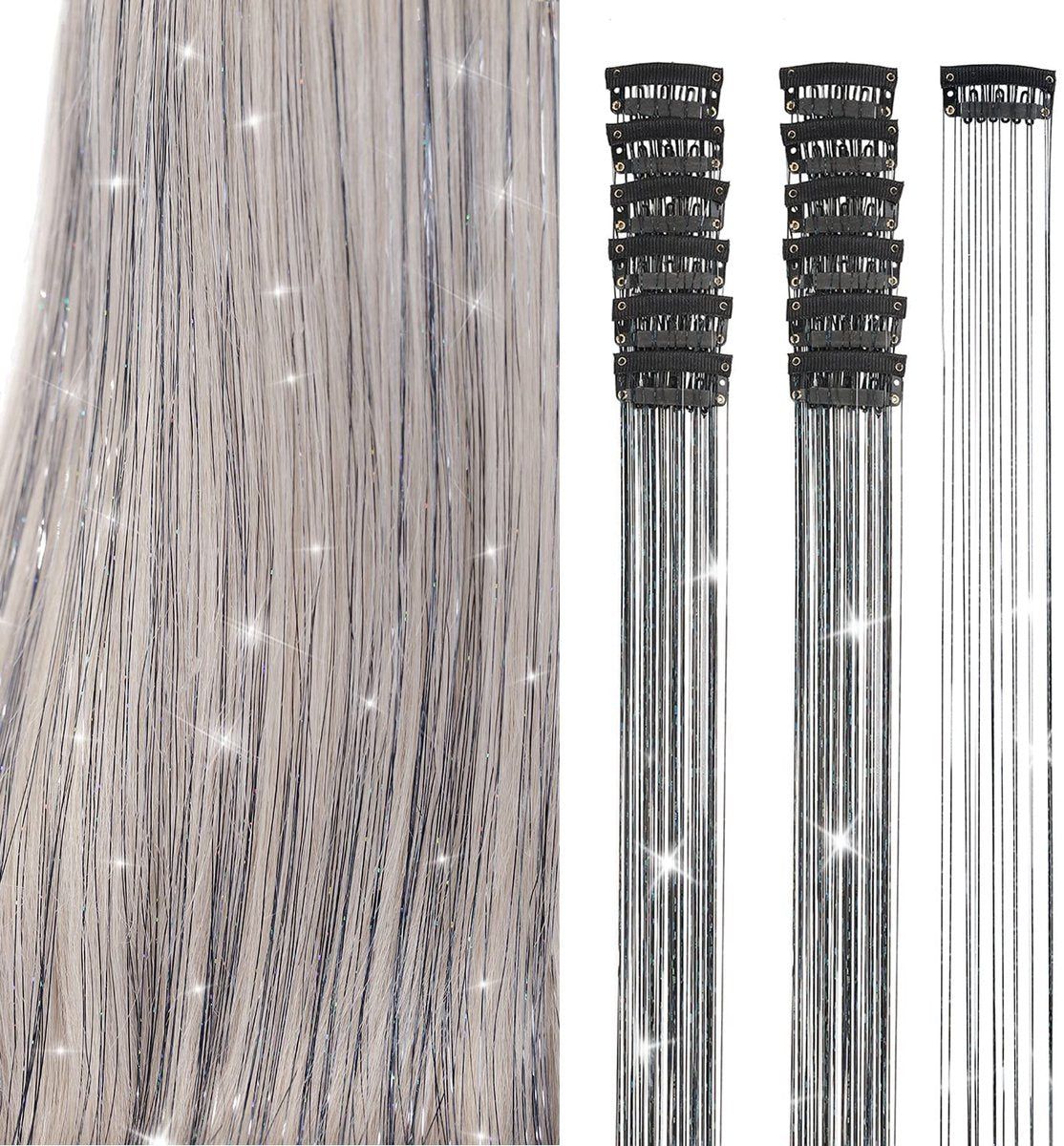Hair Tinsels Festival Extensions Glitter 12 Piece Clip On Accessory Set 52Cm Long For Christmas And New Year Suitable Women Girls Children (Black) - Image 1