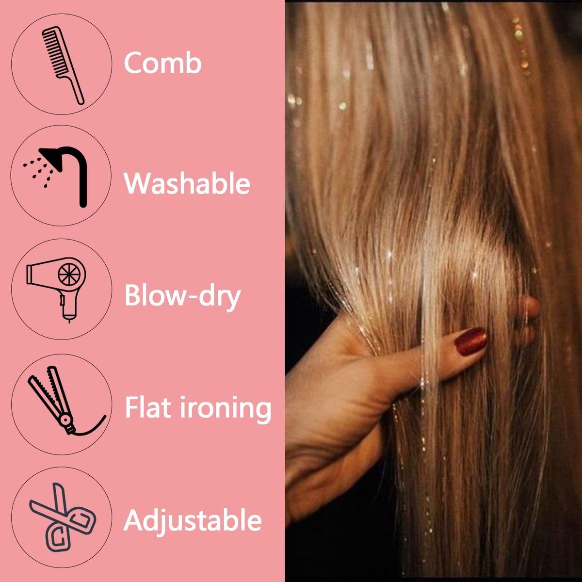 Hair Tinsels Festival Extensions Glitter 12 Piece Clip On Accessory Set 52Cm Long For Christmas And New Year Suitable Women Girls Children (Black) - Image 3