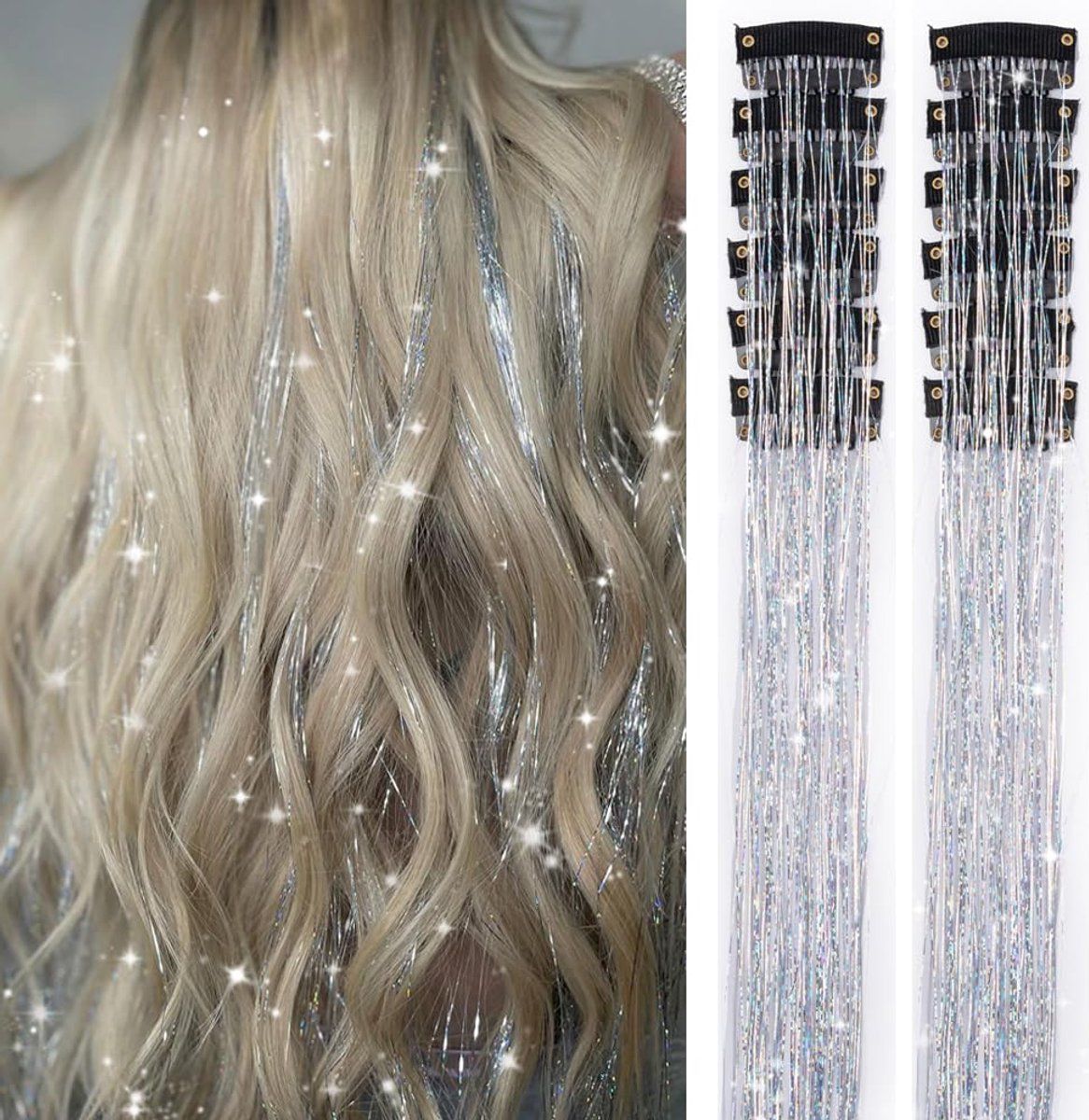 Hair Tinsels Festival Extensions Glitter 12 Piece Clip On Accessory Set 52Cm Long Christmas And New Year Suitable For Women Girls Children (Silver) - Image 1