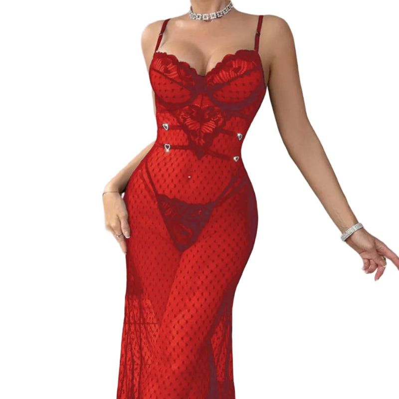 House Of Dasein Sexy And Alluring Lace Sheer Fitted Lingerie With Butt-Lifting Bodysuit Two-Piece Set - Red - Xl - Image 1