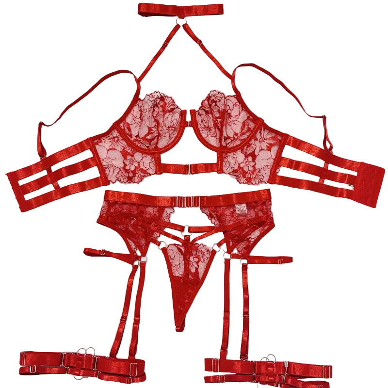 House Of Dasein Sexy Cross-Strap Embroidered Sheer Mesh Splicing Lingerie Set For Women - Red - S - Image 1