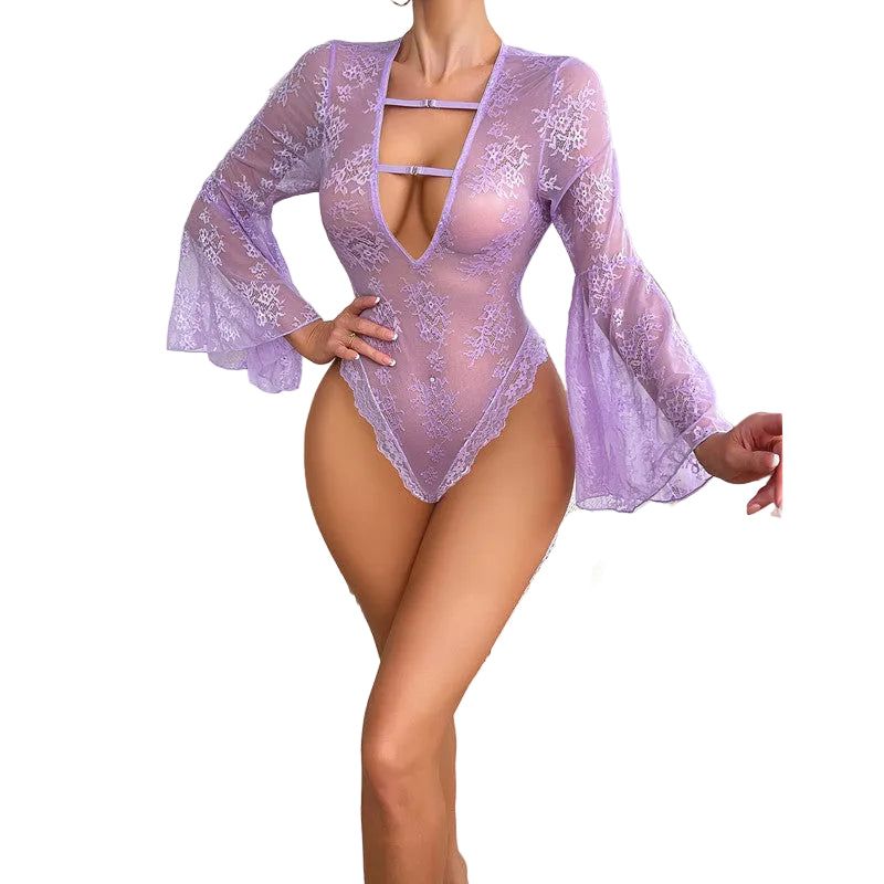 House Of Dasein Seductive Transparent Jumpsuit With Flare Sleeves And Lace Pajamas Deep V Hollow Out Erotic Underwear - Lavender Purple - S - Image 1