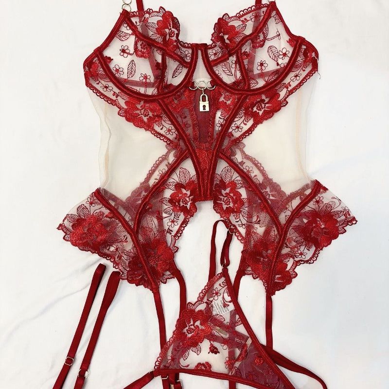 House Of Dasein Sexy Bra Set Transparent Mesh Splicing Lace Lingerie Underwear Three-Piece Suit - Wine Red - L - Image 1