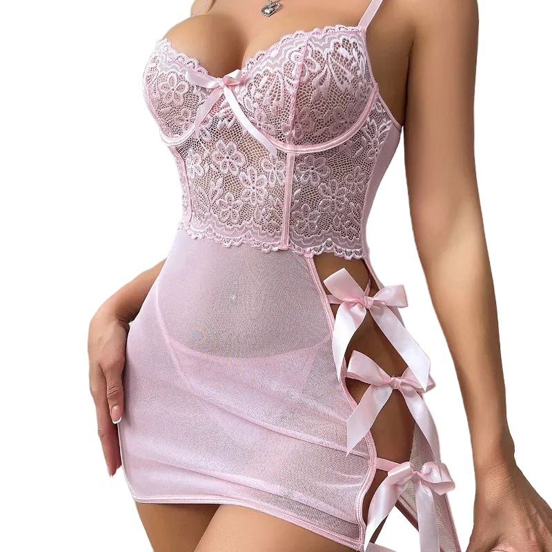 House Of Dasein Transparent Lace Splicing Lingerie With Thong And Thin Sleepwear Bow Backless Skirt Set - Pink - S - Image 1