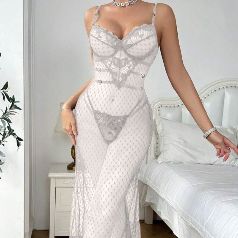 House Of Dasein Sexy And Alluring Lace Sheer Fitted Lingerie With Butt-Lifting Bodysuit Two-Piece Set - White - S - Image 1