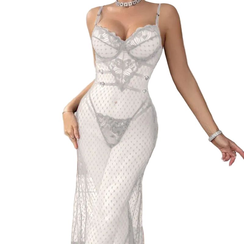 House Of Dasein Sexy And Alluring Lace Sheer Fitted Lingerie With Butt-Lifting Bodysuit Two-Piece Set - White - S - Image 2