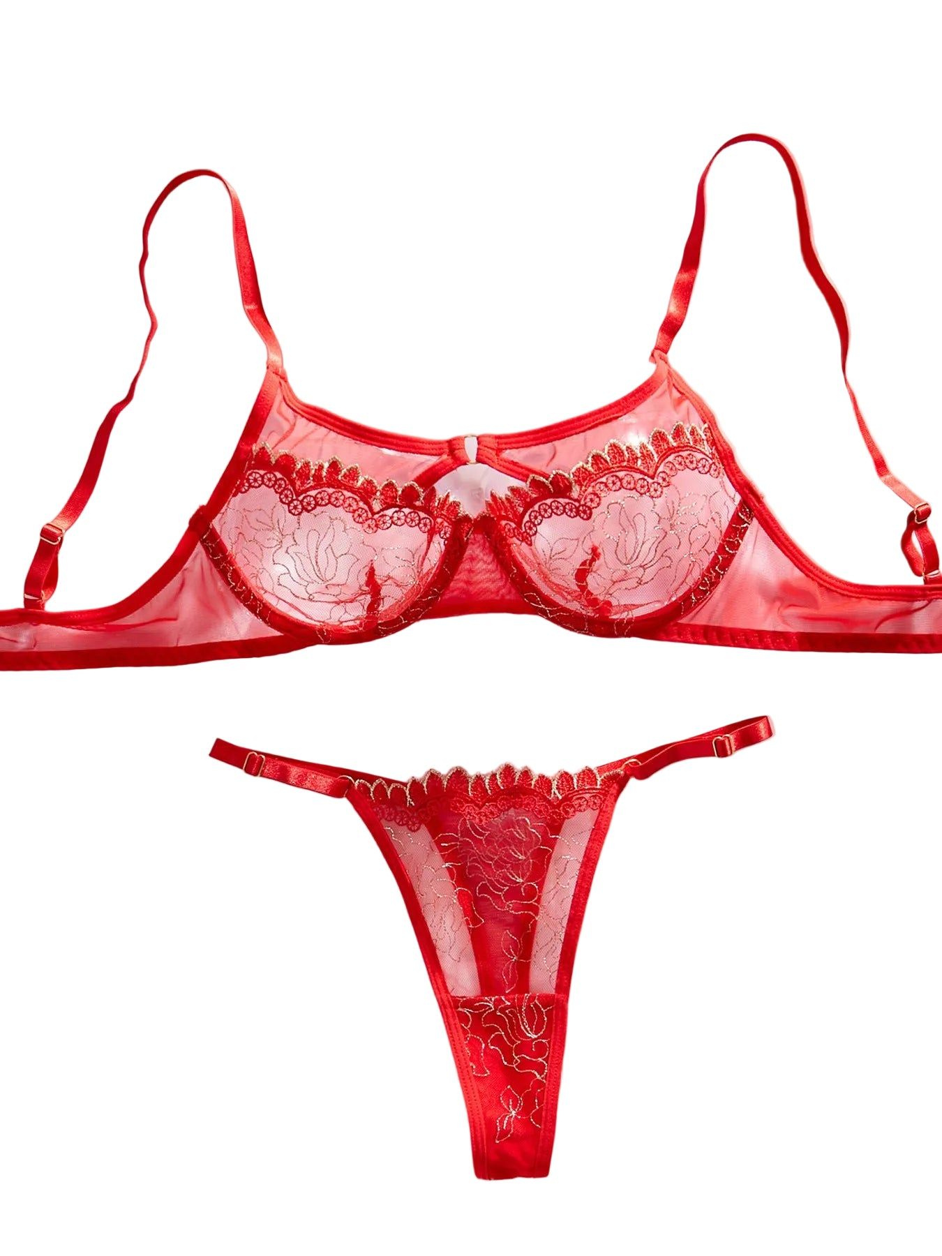 House Of Dasein Sexy Embroidered Splicing Hollow Design Underwear Two Piece Set - Red - M - Image 1