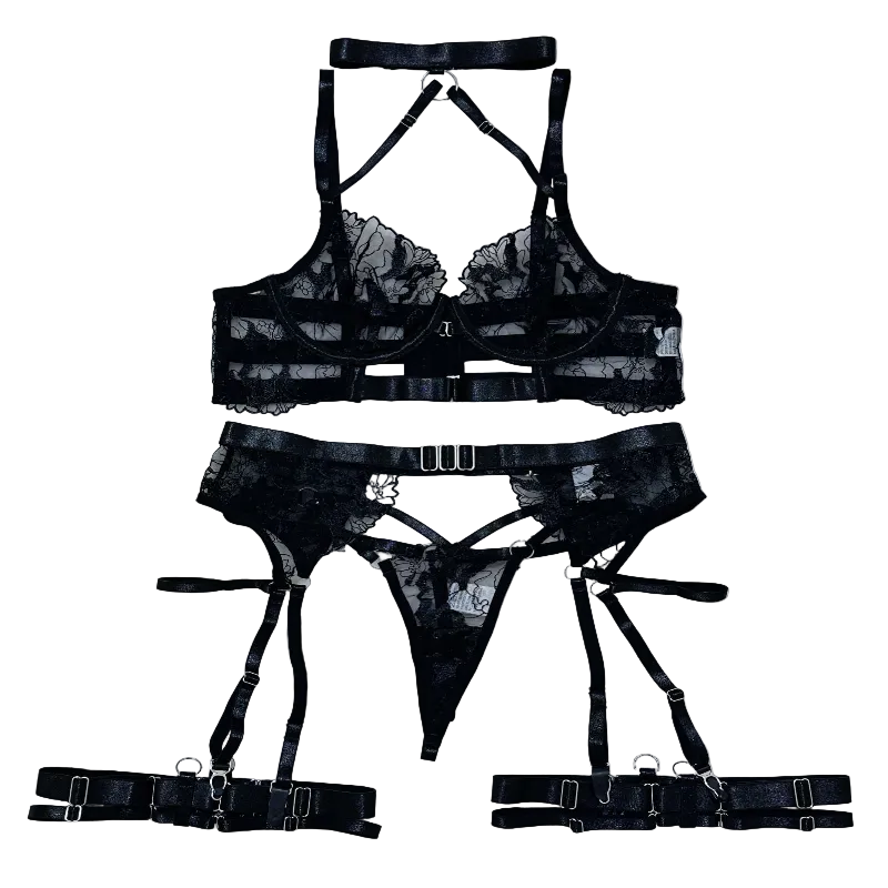 House Of Dasein Sexy Cross-Strap Embroidered Sheer Mesh Splicing Lingerie Set For Women - Black - S - Image 1