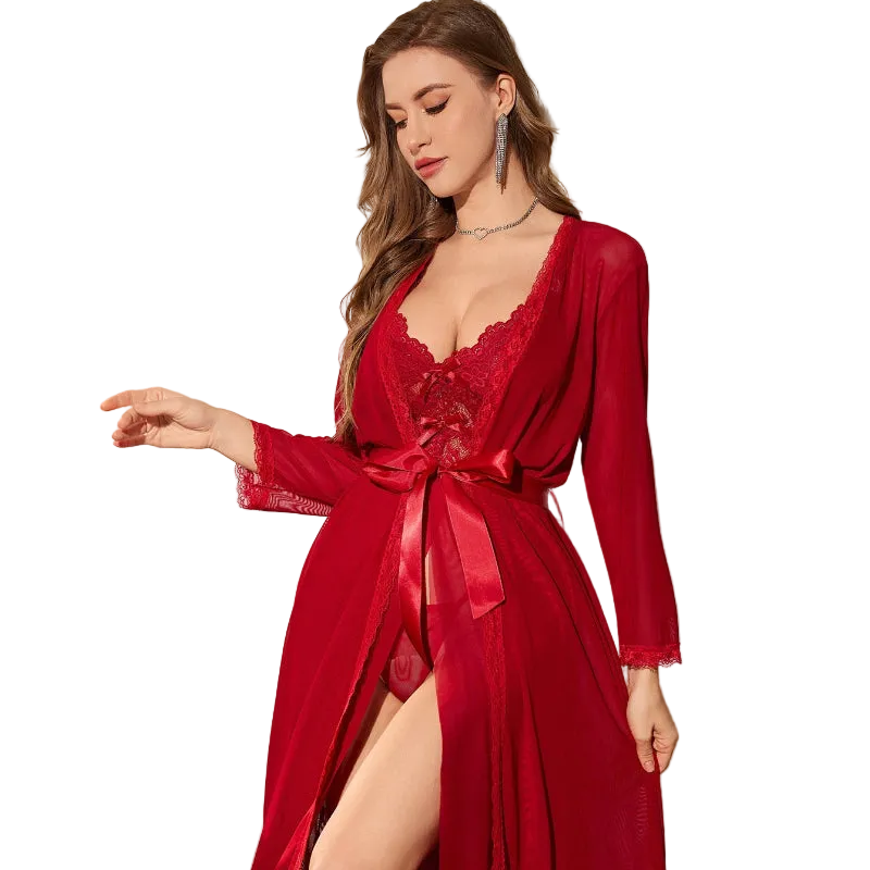 Sexy Mesh Transparent Long Sleeve Nightgown Erotic Set For Women - Wine Red - L - Image 1