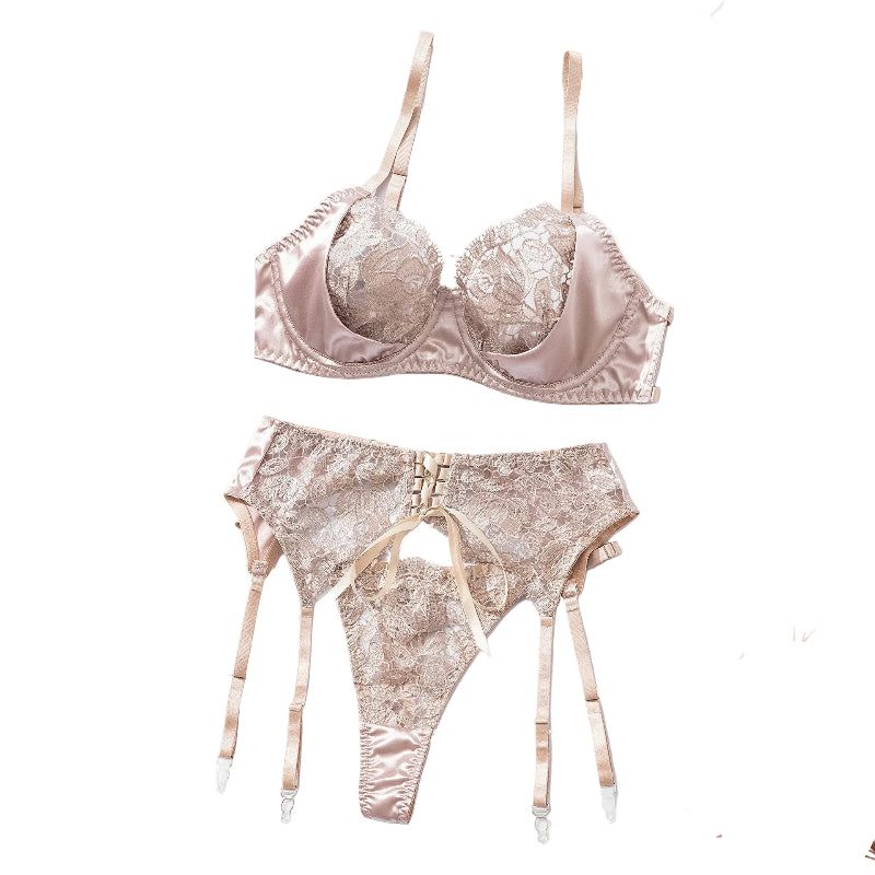 House Of Dasein Sexy Lingerie Set With Ribbon Splicing And Flower Embroidery Suspender Bra Suit - Apricot - S - Image 1