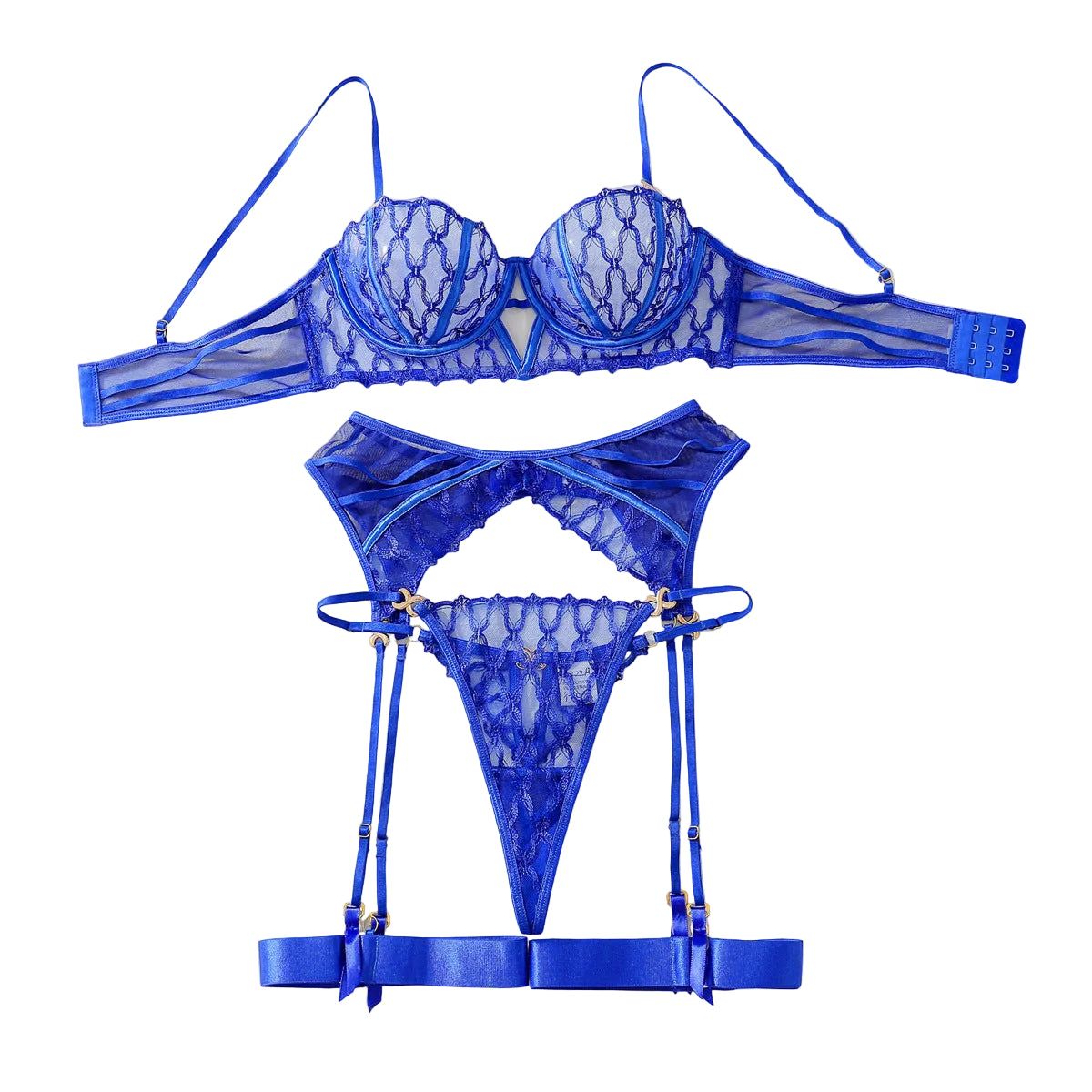 House Of Dasein Blue Embroidery Gathered Perspective Slim Fit Sexy Lingerie Split Set - Royal Blue - M - Image 1