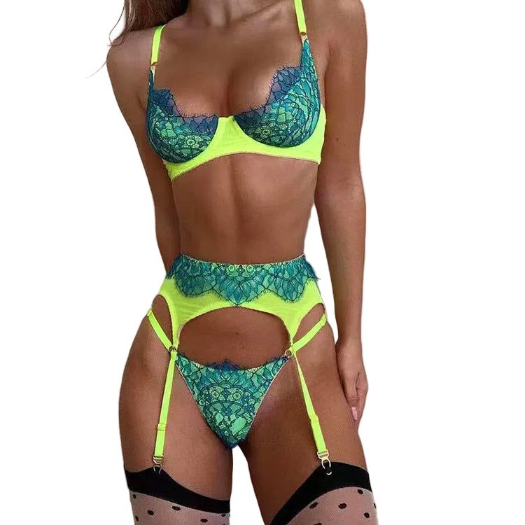 House Of Dasein Cross Border Wild Rose Three Color Lace Lingerie Set With Suspender Garter Belt Thong - Light Green - S - Image 1