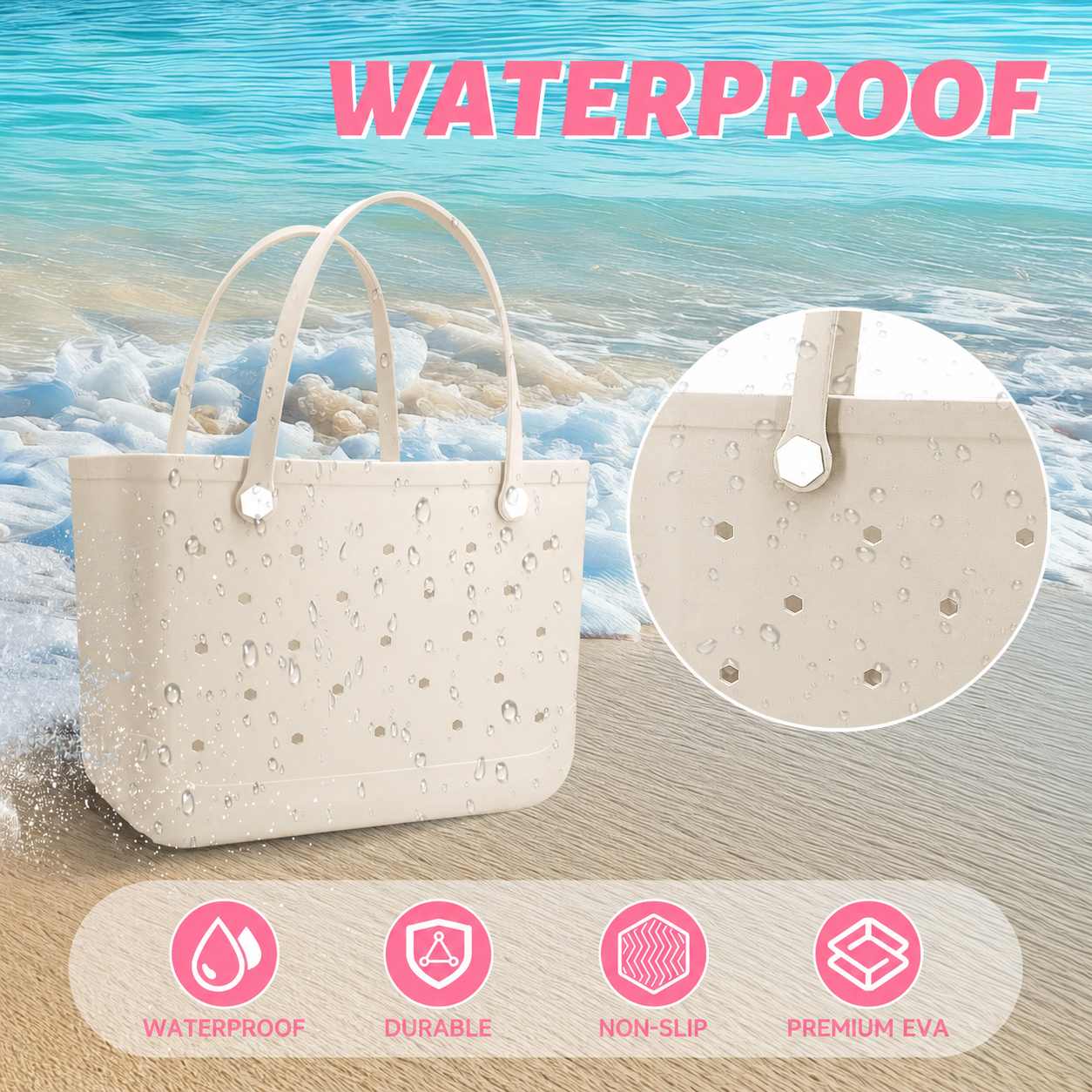 Waterproof Hexagon Mesh Beach Bag - Large Capacity Travel Storage Tote for Swimwear Towel Sunglasses - Apricot Large 48x34x24cm - Image 2