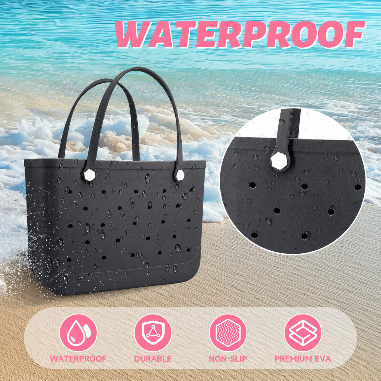 Waterproof Hexagon Mesh Beach Bag - Large Capacity Travel Storage Tote for Swimwear Towel Sunglasses - Black Large 48x34x24cm - Image 2