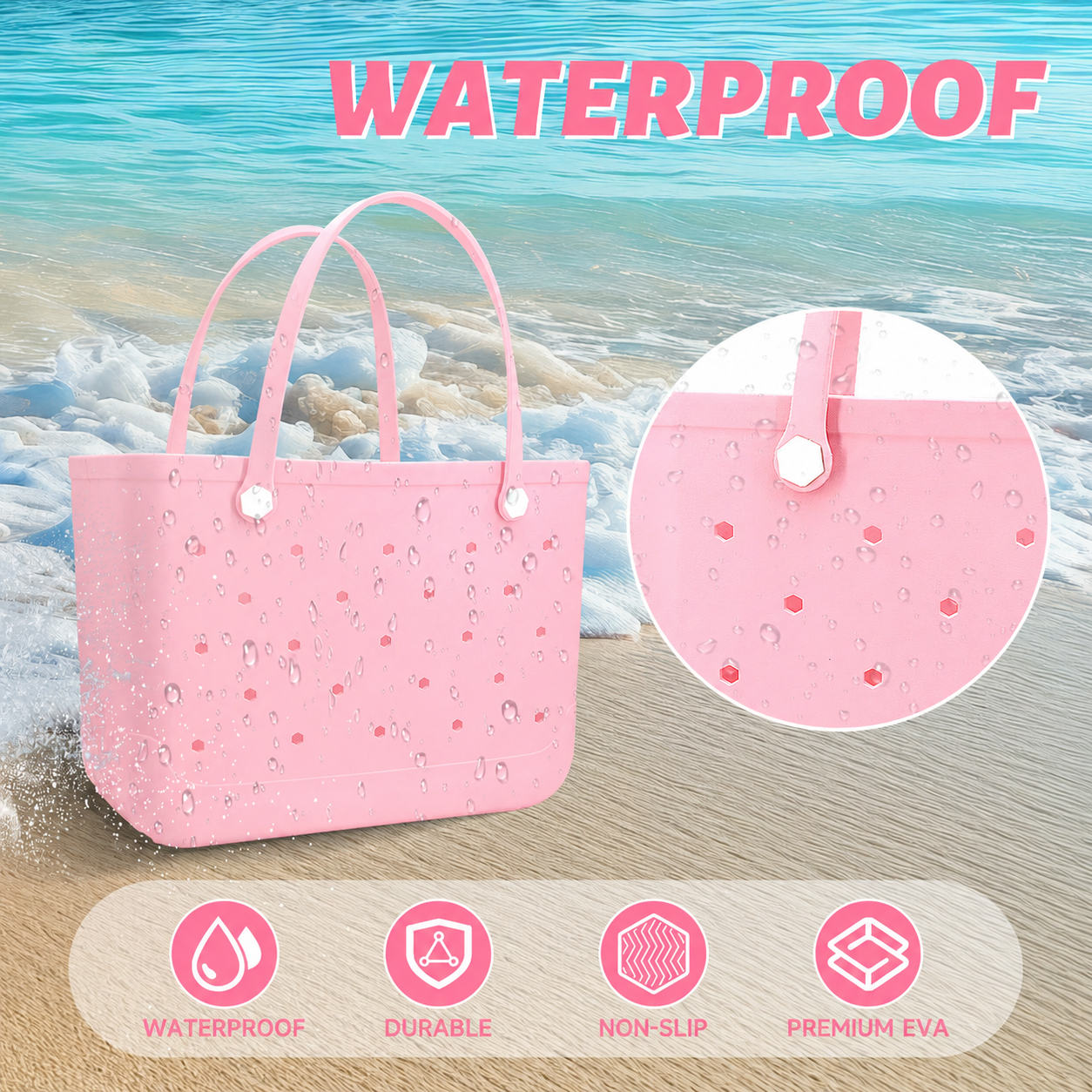 Waterproof Hexagon Mesh Beach Bag - Large Capacity Travel Storage Tote for Swimwear Towel Sunglasses - Flesh Pink Large 48x34x24cm - Image 2