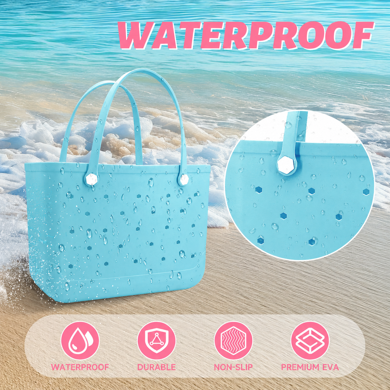 Waterproof Hexagon Mesh Beach Bag - Large Capacity Travel Storage Tote for Swimwear Towel Sunglasses - Light Blue Large 48x34x24cm - Image 2