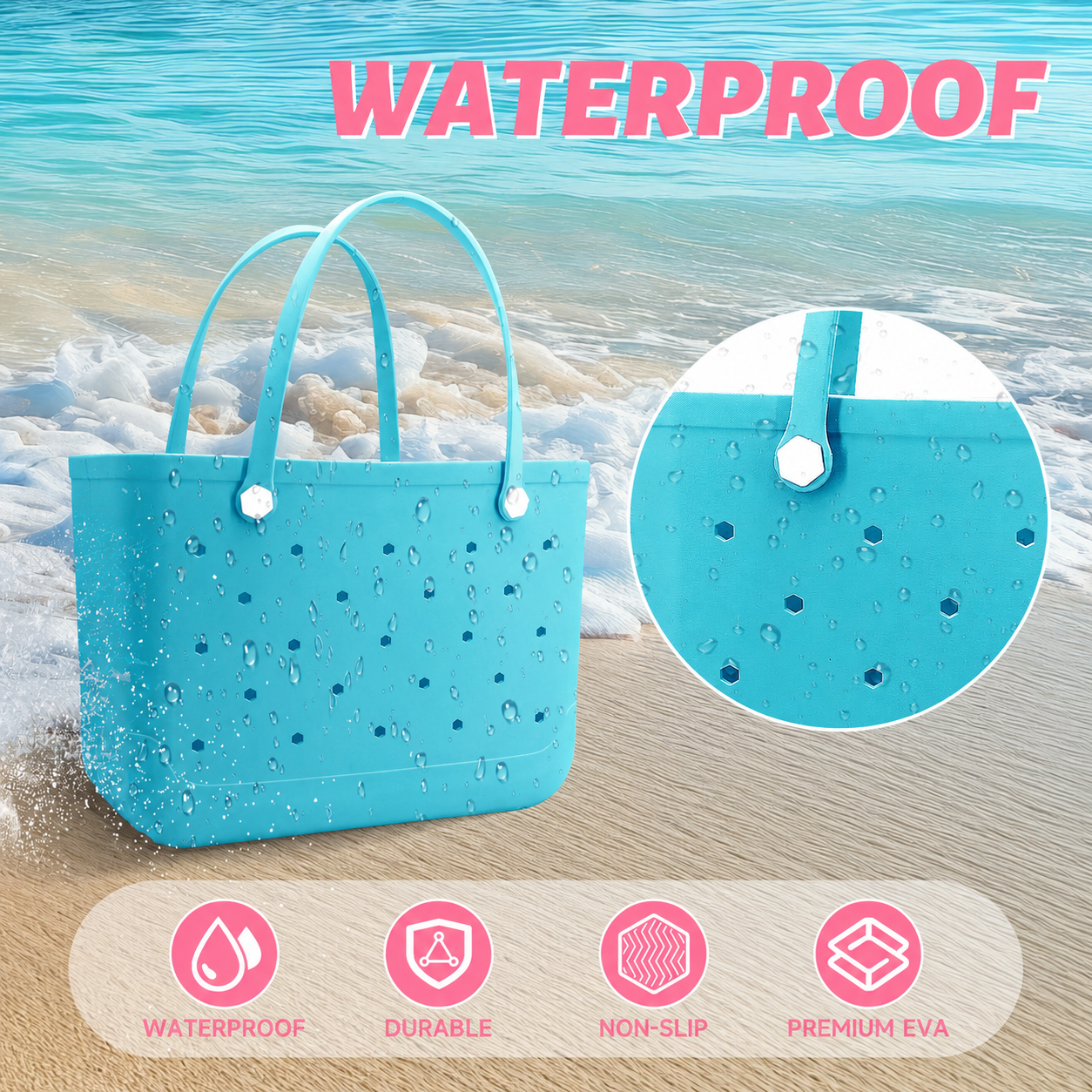 Waterproof Hexagon Mesh Beach Bag - Large Capacity Travel Storage Tote for Swimwear Towel Sunglasses - Lake Blue Large 48x34x24cm - Image 2