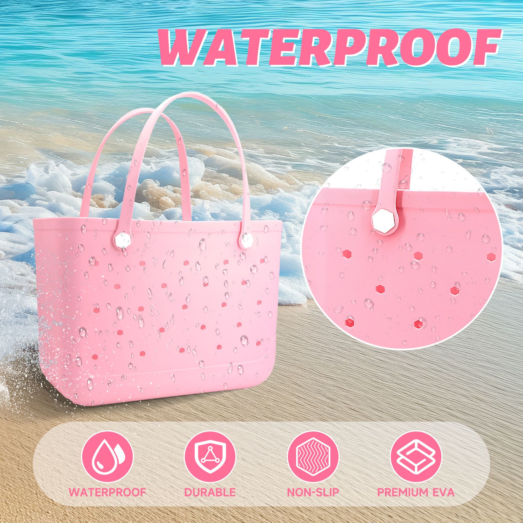 Waterproof Hexagon Mesh Beach Bag - Large Capacity Travel Storage Tote for Swimwear Towel Sunglasses - Pink Large 48x34x24cm - Image 2